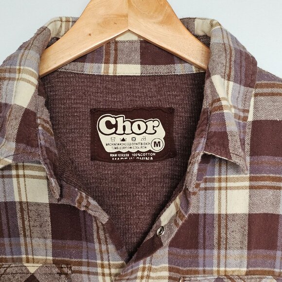 Chor Plaid Flannel Shirt Shacket Thermal Lining Pearl Snaps Pockets Size M Brown - Picture 5 of 14